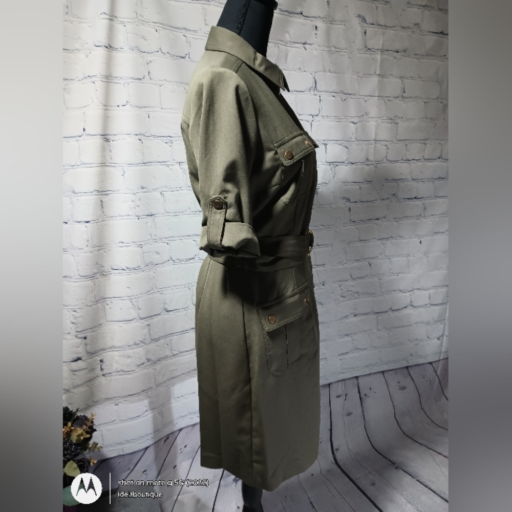 Short Sleeve Full Body Zipper Midi ShiftDress OliveDrab - Picture 11 of 16